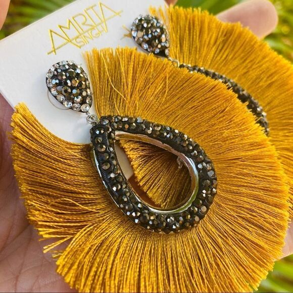 Amrita Singh Silk Fringe & Black Crystal Statement Earrings - Picture 4 of 4